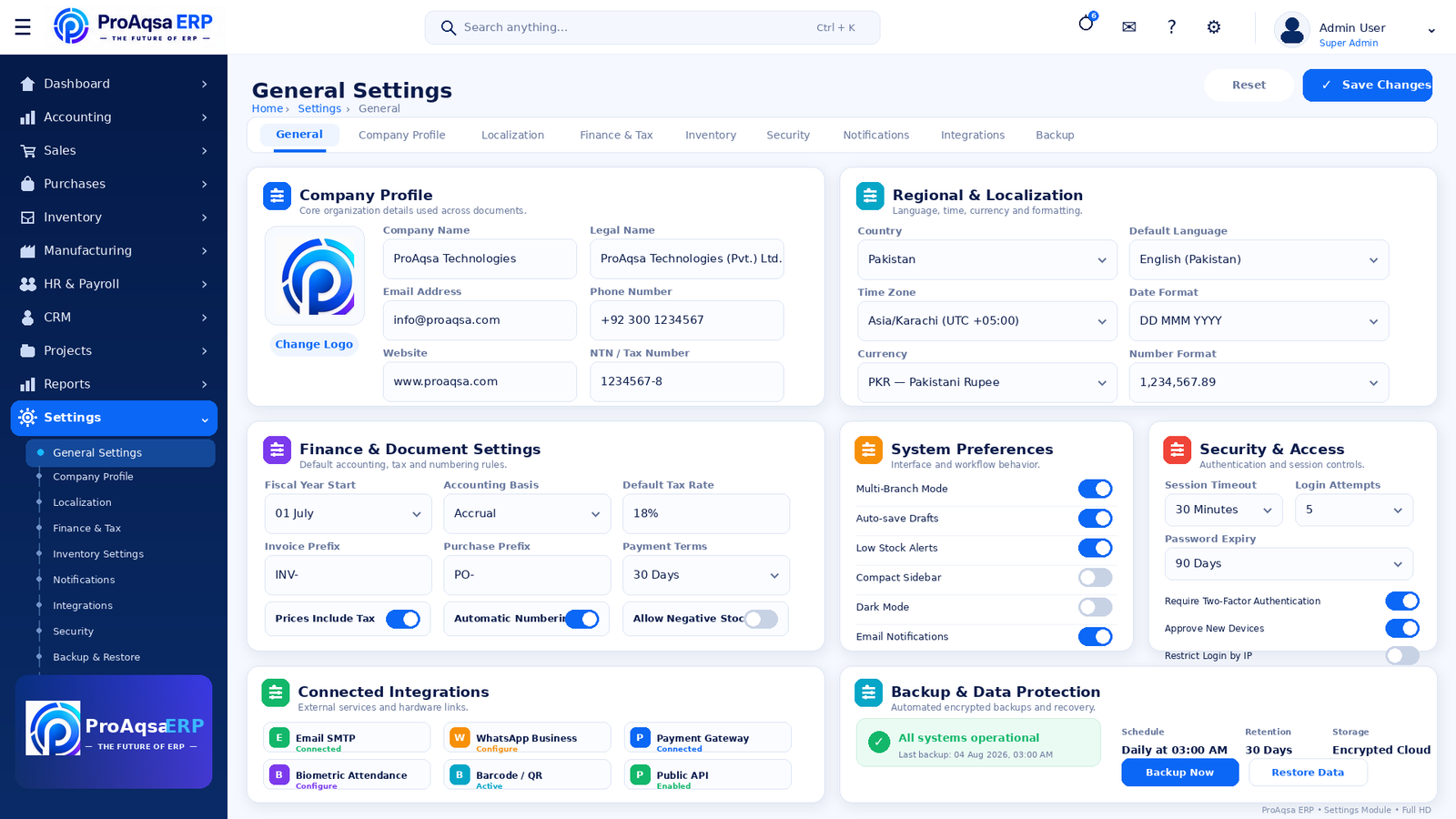 Illustrative settings workspace concept using the ProAqsa ERP design language.